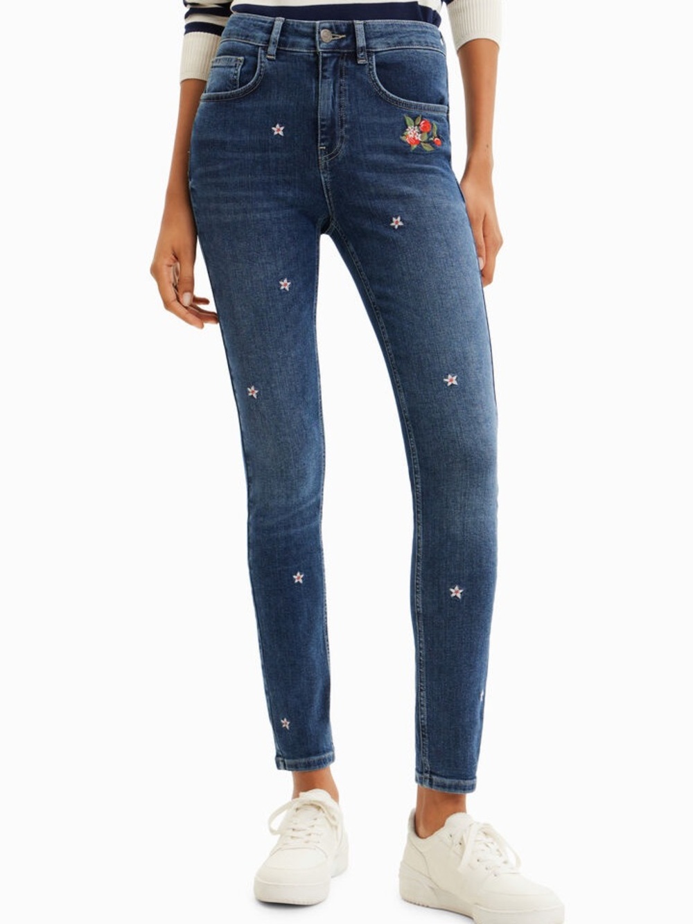 Desigual Dark Blue Skinny Jeans with Floral Embroidery
